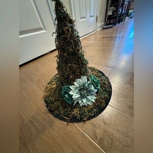 Green Fairy Mossy Witch Hat with Floral Accents